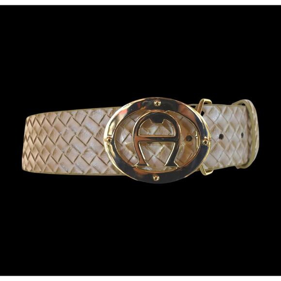 Vintage 80s Etienne Aigner Leather Faux Snakeskin Horseshoe Insignia Buckle Belt - Picture 2 of 7